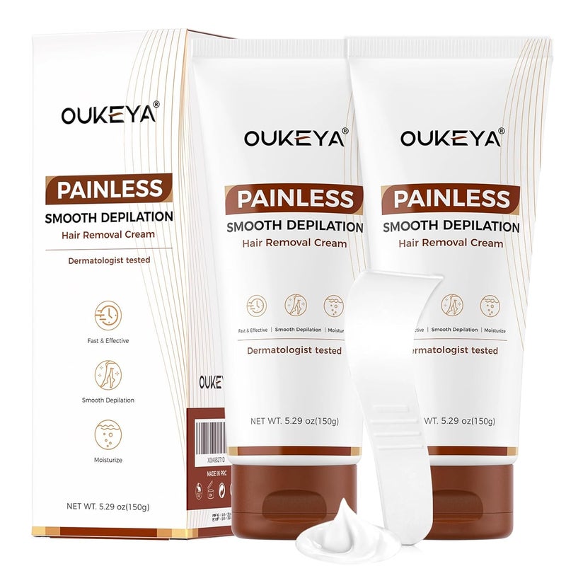 OUKEYA 2PACK, Hair Removal Cream for Women & Men Sensitive Skin, Natural Extracts Depilatory Cream for Bikini Line Legs Arms Underarms, Dermatologically Tested Painless Hair Remove Gel with Applicator Tool