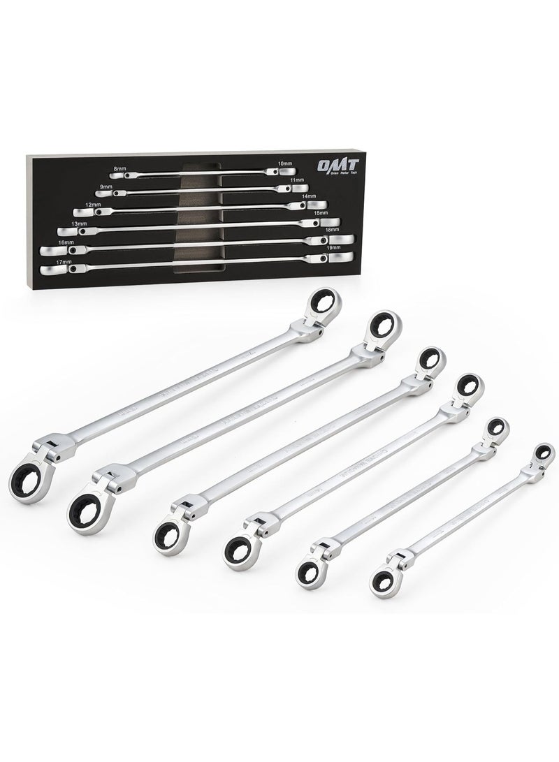 Orion Motor Tech 6-Piece Ratcheting Wrench Set, Metric 8-19 mm Flex Head Ratcheting Wrench Set, Extra Long Ratchet Wrench Set with 72 Tooth Gear & Double Box End - Image 1
