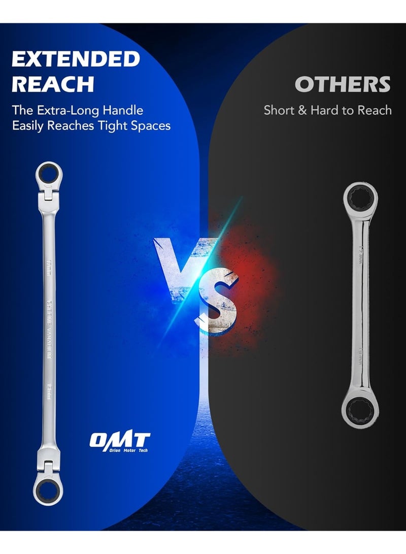 Orion Motor Tech 6-Piece Ratcheting Wrench Set, Metric 8-19 mm Flex Head Ratcheting Wrench Set, Extra Long Ratchet Wrench Set with 72 Tooth Gear & Double Box End - Image 2