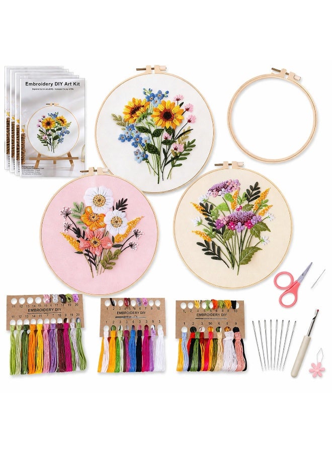 Mordely Embroidery Kit for Beginners, 3 Pack Starter Set with Patterns, Hoop, Threads & Tools for Adults DIY Craft - Image 1