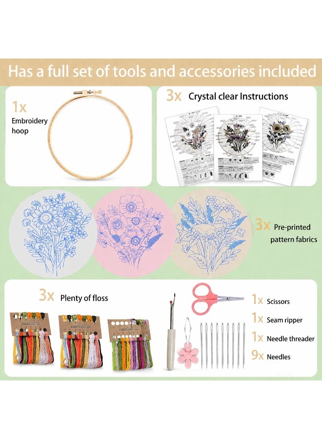 Mordely Embroidery Kit for Beginners, 3 Pack Starter Set with Patterns, Hoop, Threads & Tools for Adults DIY Craft - Image 2