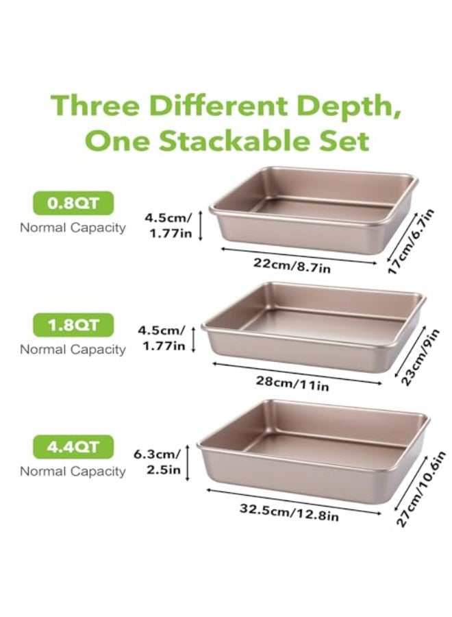 WALALLA Premium 3-Piece Gold Nonstick Baking Set - Deep Rectangular Cake Pans for Lasagna & Brownies, Stackable Oven Trays with Heavy Duty Construction 13/11/9 Inch - Image 5