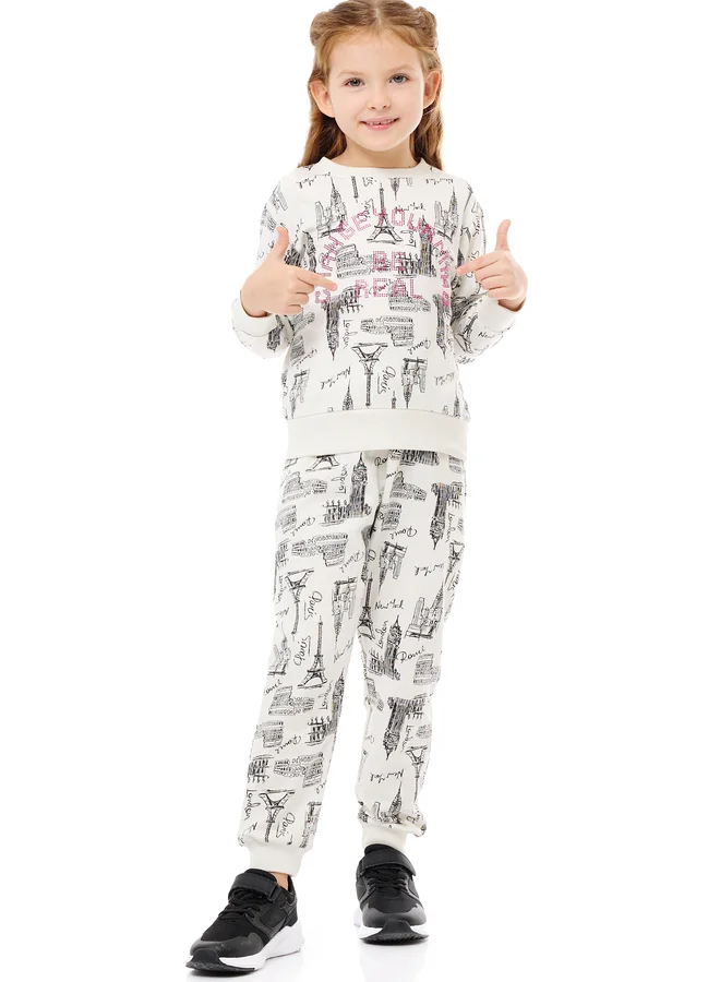 victor and jane Victor And Jane Girls White All Over Print Sweatshirt and Joggers Set
