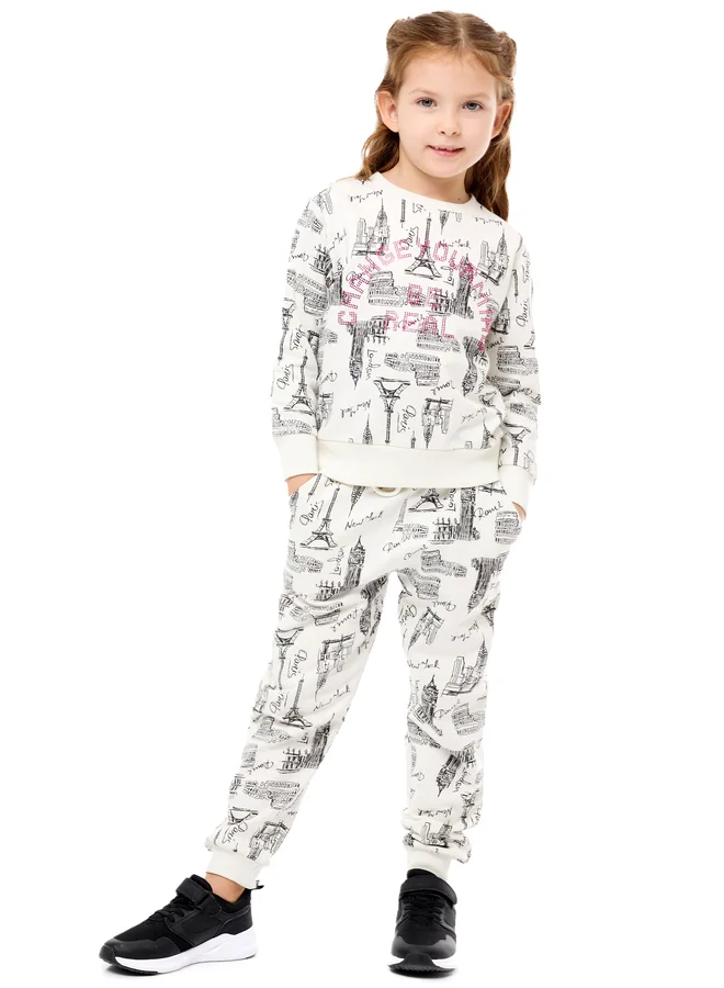 victor and jane Victor And Jane Girls White All Over Print Sweatshirt and Joggers Set