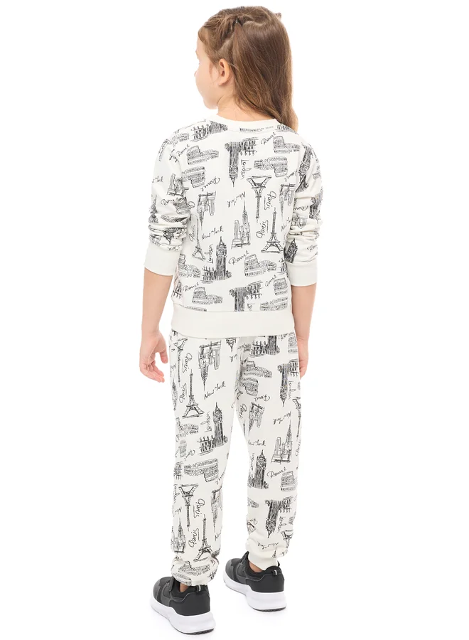victor and jane Victor And Jane Girls White All Over Print Sweatshirt and Joggers Set