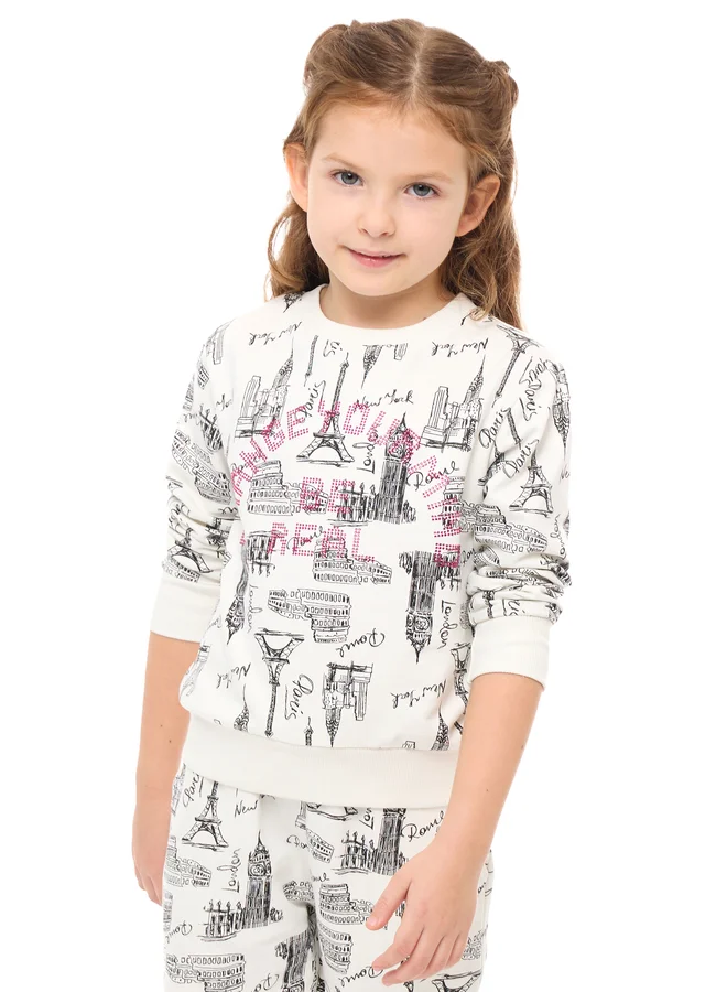 victor and jane Victor And Jane Girls White All Over Print Sweatshirt and Joggers Set