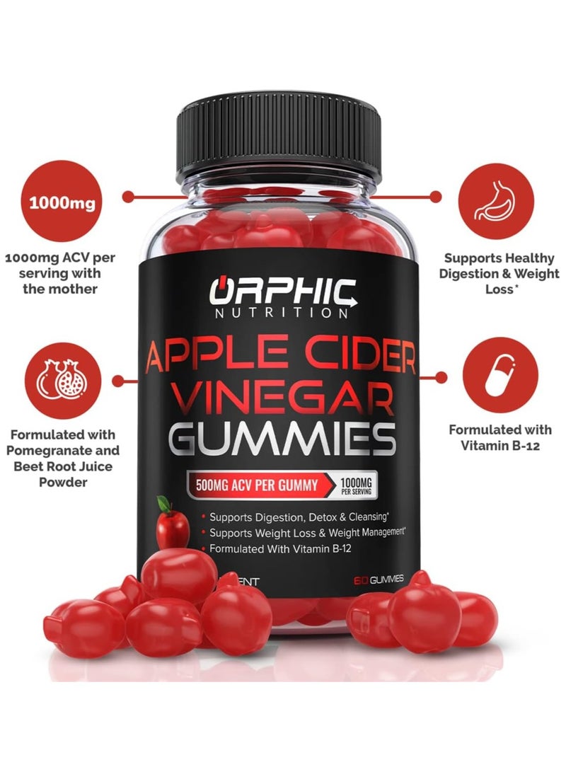 Orphic Nutrition Apple Cider Vinegar Gummies - 1000mg - Formulated to Support Weight Loss Efforts & Gut Health* - Supports Digestion, Detox & Cleansing* - ACV Gummies W/VIT B12, Beetroot & Pomegranate (60 Gummies) - Image 2