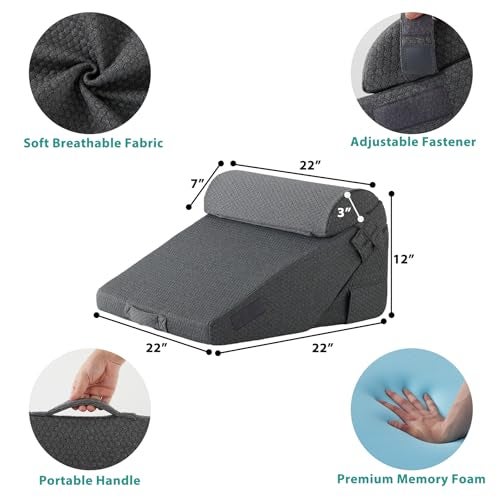 Bedluxe 3Pcs Orthopedic Bed Wedge Pillow Set, Foam Wedge Pillow Post Surgery for Back, Leg and Knee Support, Adjustable 9&12 Inch Folding Triangle Pillow for Sleeping, Acid Reflux, Snoring, Dark Grey - Image 4