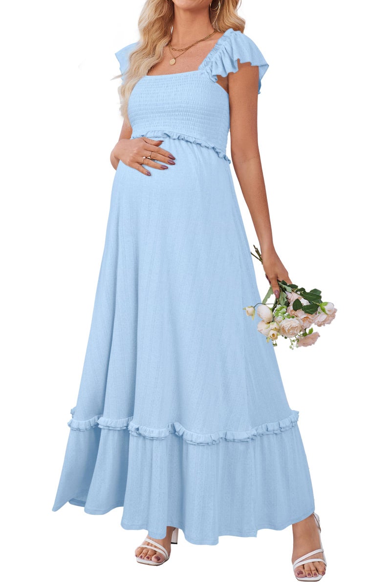 OUGES Womens 2026 Summer Maternity Baby Shower Dress Casual Boho Maxi Smocked Maternity Photoshoot Dresses Ruffle Sleeve Square Neck Gender Reveal Dress Pregnancy Must Have Clothes (Sky Blue,M) - Image 1