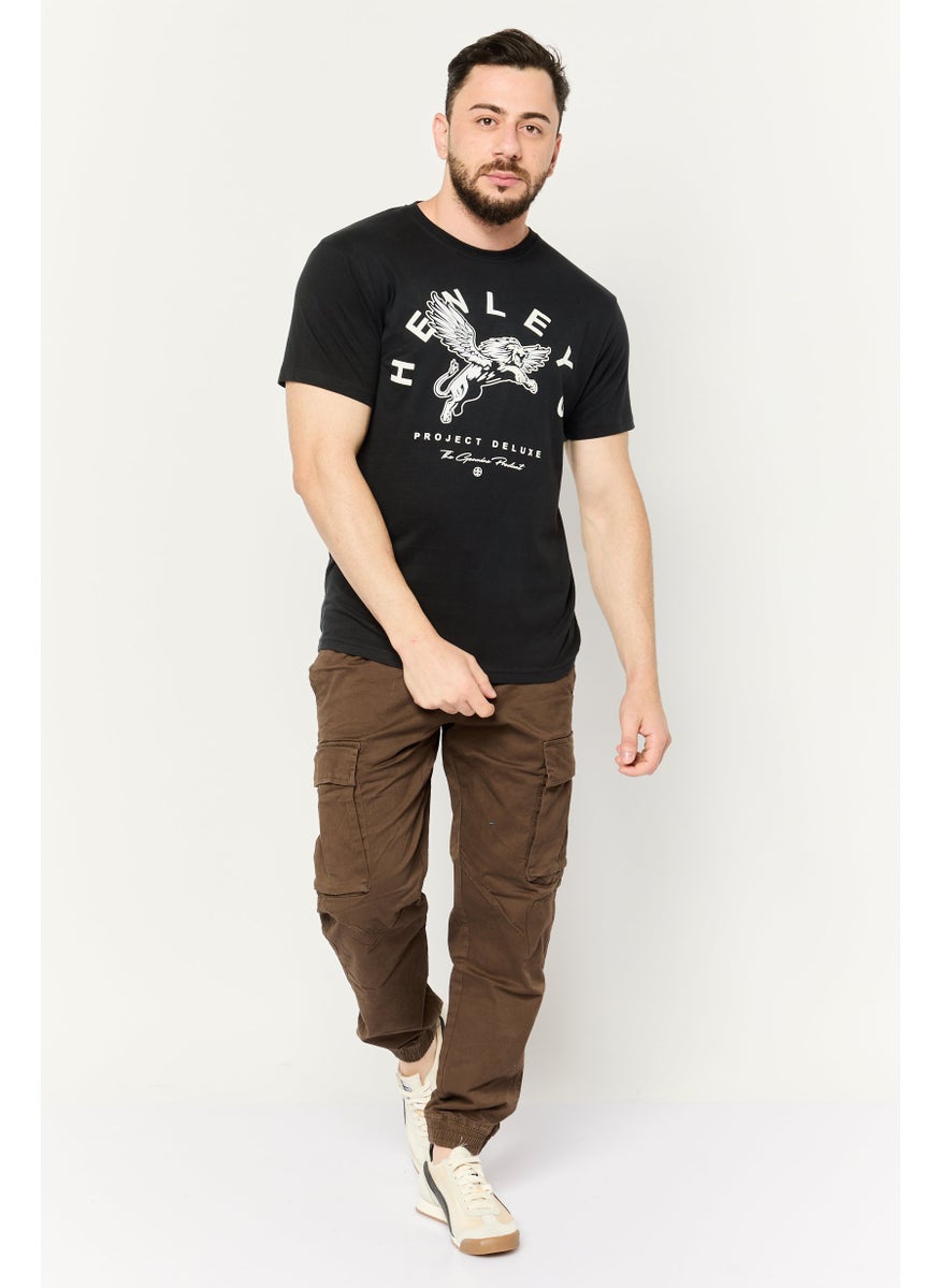 Henleys - Men Crew Neck Short Sleeves Brand Logo T-Shirt, Black - Image 1