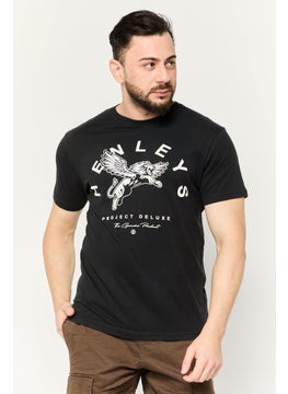 Men Crew Neck Short Sleeves Brand Logo T-Shirt, Black