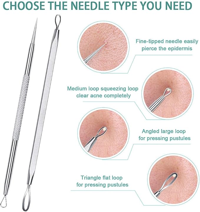 SHW 5PCS Blackhead Remover Tool Set Acne Extractor Comedone Pimples Spot and Zit Removal Tool With Case Silver - Image 5