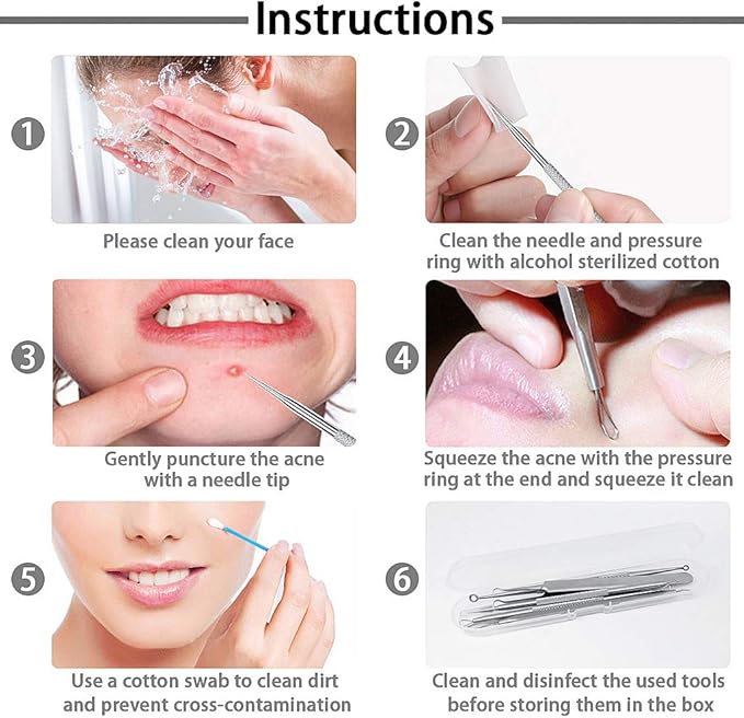 SHW 5PCS Blackhead Remover Tool Set Acne Extractor Comedone Pimples Spot and Zit Removal Tool With Case Silver - Image 3