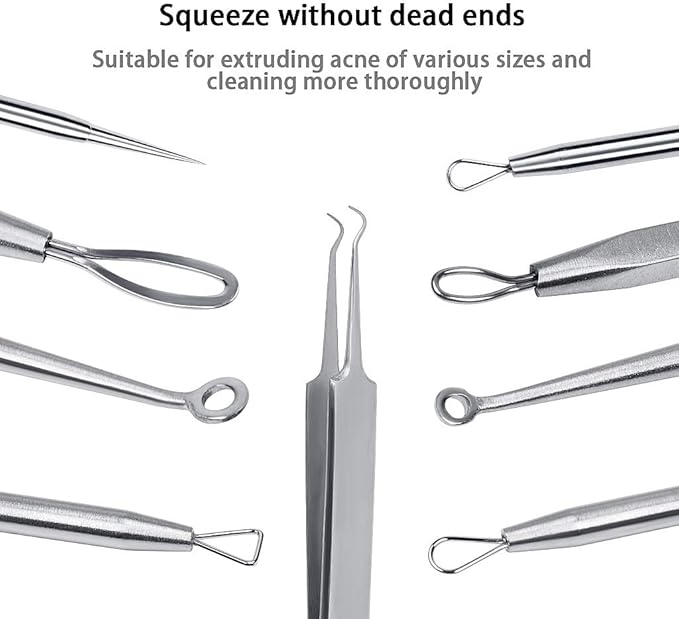 SHW 5PCS Blackhead Remover Tool Set Acne Extractor Comedone Pimples Spot and Zit Removal Tool With Case Silver - Image 4
