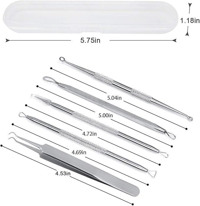 SHW 5PCS Blackhead Remover Tool Set Acne Extractor Comedone Pimples Spot and Zit Removal Tool With Case Silver - Image 2