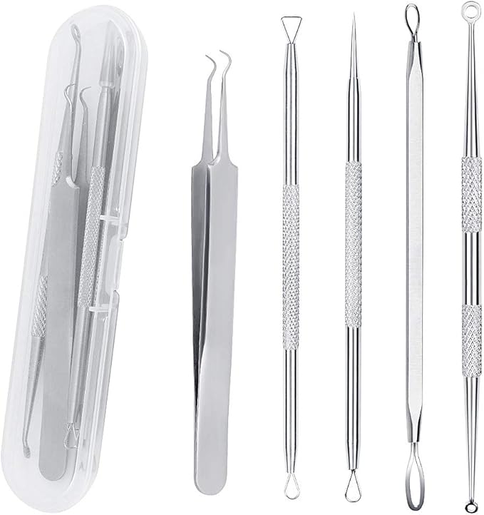 SHW 5PCS Blackhead Remover Tool Set Acne Extractor Comedone Pimples Spot and Zit Removal Tool With Case Silver - Image 1