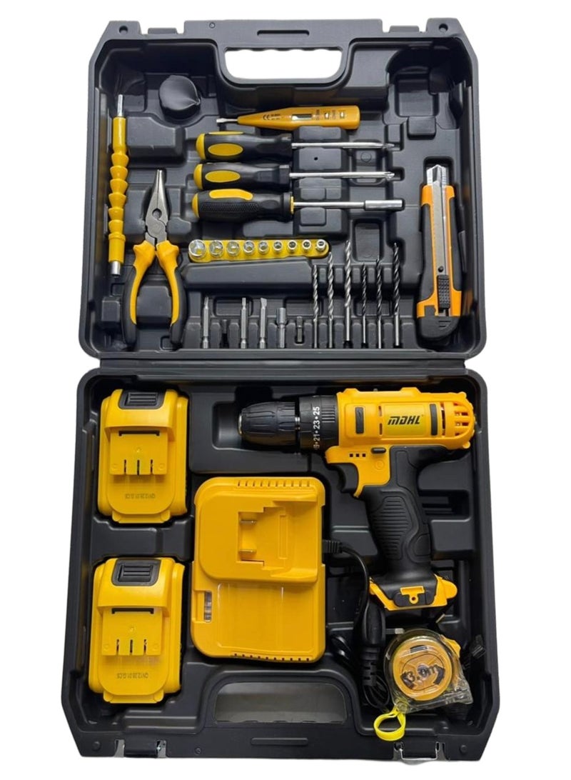 إم دي اتش إل مجموعة مثقاب لاسلكي MDHL 12 فولت مع بطاريتين ومجموعة أدوات يدوية كاملة - 25+1 إعدادات عزم الدوران، مجموعة أدوات كهربائية احترافية للأعمال اليدوية والإصلاح والصيانة - Image 1