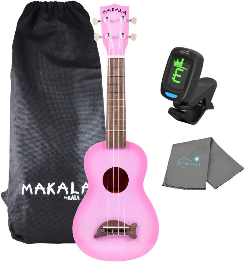 Makala Pink Burst Dolphin Soprano Ukulele - MK-SD/PKBURST Bundle with a Tuner and Polishing Cloth