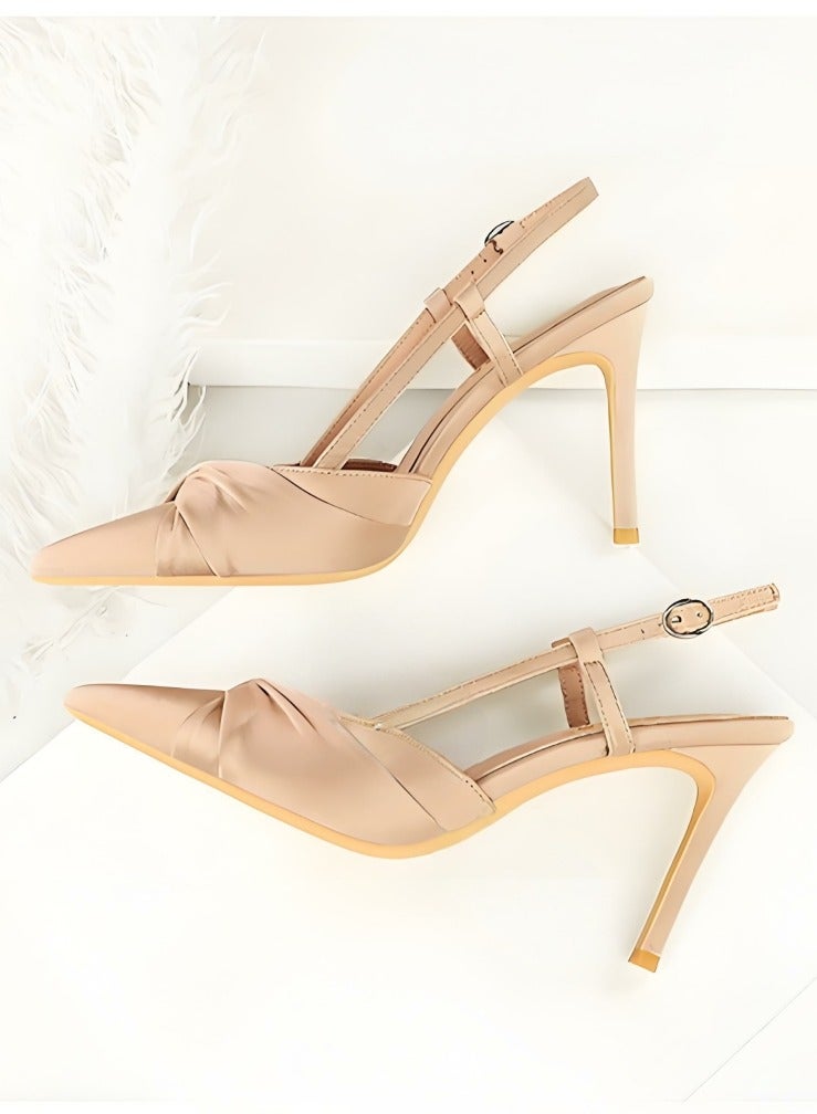 بيج تري المرأة مغلقة أشارت إصبع القدم مضخات الساتين كعب عالي مع قفل حزام ساندال الشمبانيا 9CM - Image 3