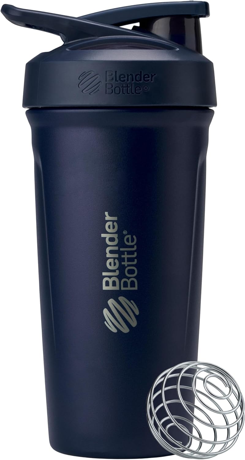 BlenderBottle Strada Shaker Cup Insulated Stainless Steel Water Bottle with Wire Whisk, 24-Ounce, Navy - Image 1