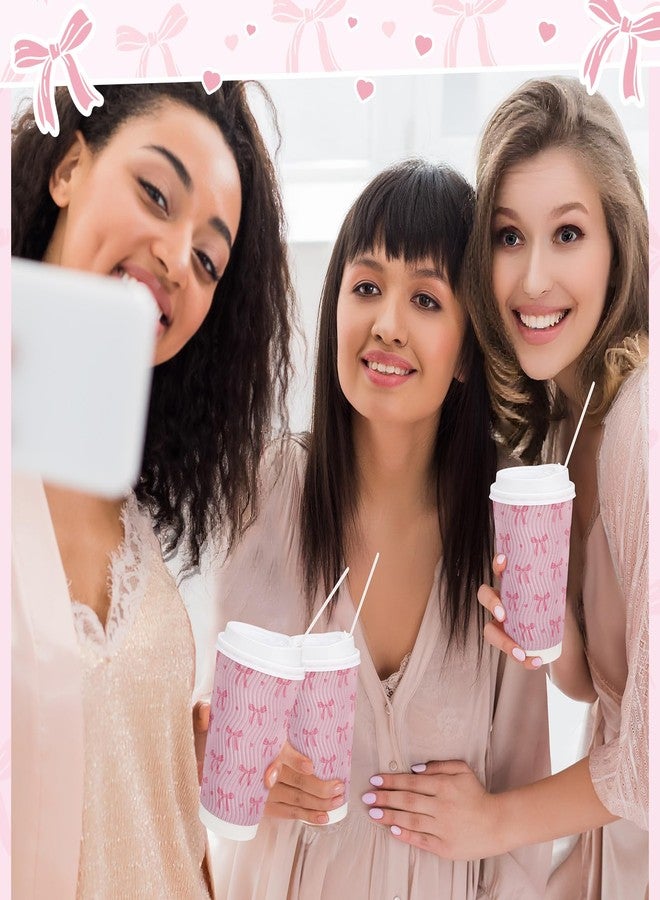 Ovveroche 50 Set 16 Oz Pink Bow Disposable Coffee Cups with Lids and Straws Coquette Bowknot Corrugated Paper Drinking Cups for Hot Cold Drinks Birthday Baby Shower Bachelorette Party Supplies - Image 4