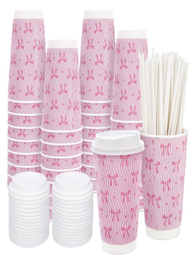 Ovveroche 50 Set 16 Oz Pink Bow Disposable Coffee Cups with Lids and Straws Coquette Bowknot Corrugated Paper Drinking Cups for Hot Cold Drinks Birthday Baby Shower Bachelorette Party Supplies - Image 1