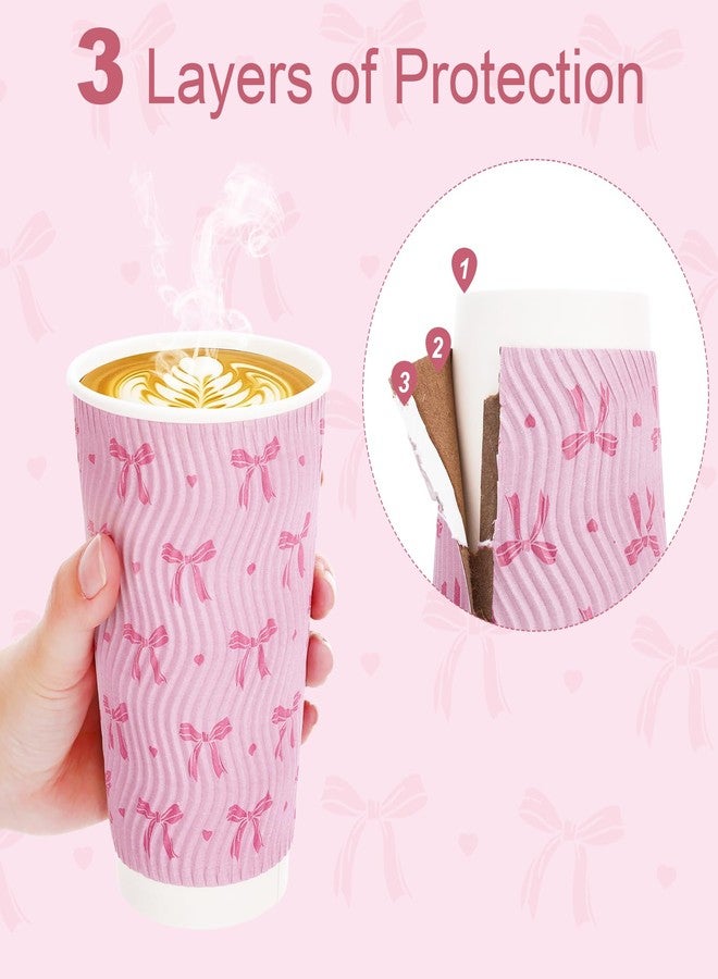 Ovveroche 50 Set 16 Oz Pink Bow Disposable Coffee Cups with Lids and Straws Coquette Bowknot Corrugated Paper Drinking Cups for Hot Cold Drinks Birthday Baby Shower Bachelorette Party Supplies - Image 3