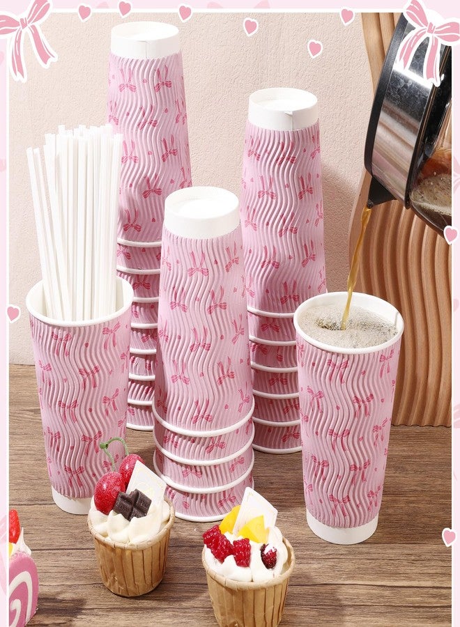 Ovveroche 50 Set 16 Oz Pink Bow Disposable Coffee Cups with Lids and Straws Coquette Bowknot Corrugated Paper Drinking Cups for Hot Cold Drinks Birthday Baby Shower Bachelorette Party Supplies - Image 5