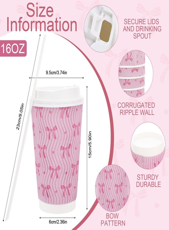Ovveroche 50 Set 16 Oz Pink Bow Disposable Coffee Cups with Lids and Straws Coquette Bowknot Corrugated Paper Drinking Cups for Hot Cold Drinks Birthday Baby Shower Bachelorette Party Supplies - Image 2