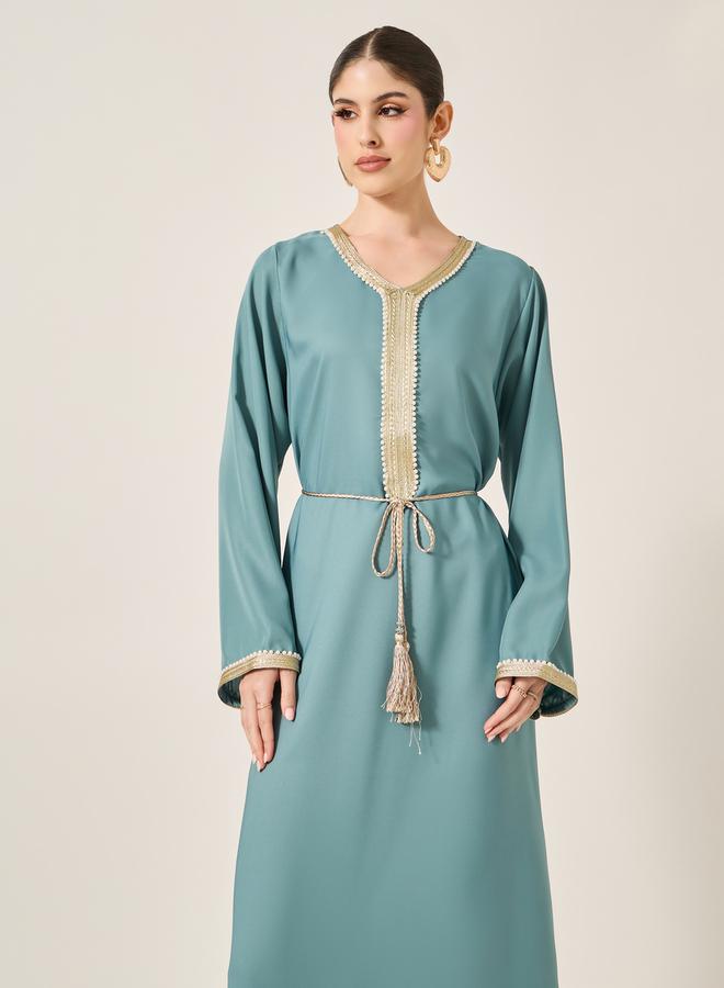 Styli Satin Lace Trim Detail Waist Tie-Up A-Line Jalabyia - Image 3