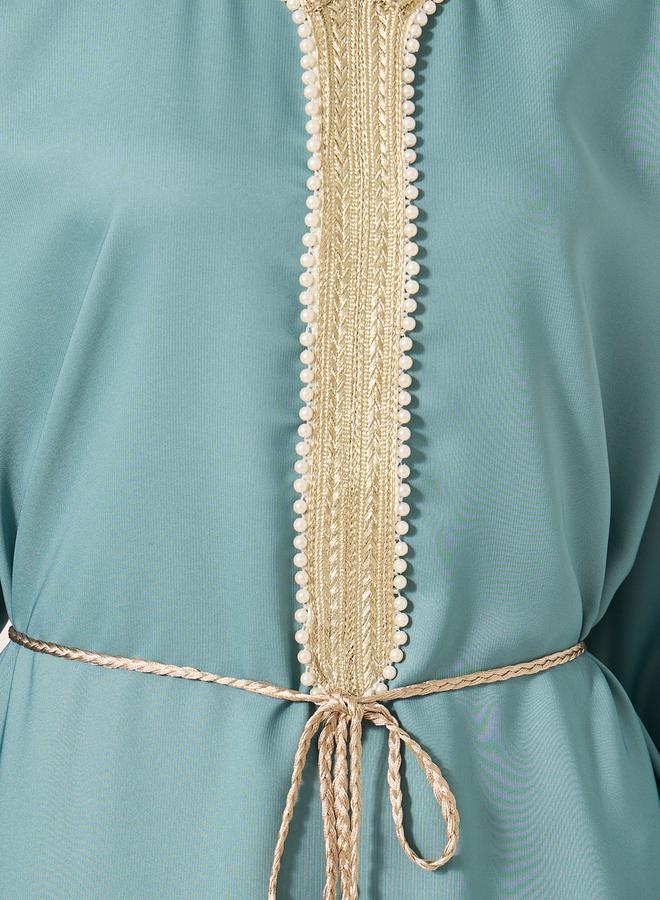 Styli Satin Lace Trim Detail Waist Tie-Up A-Line Jalabyia - Image 4