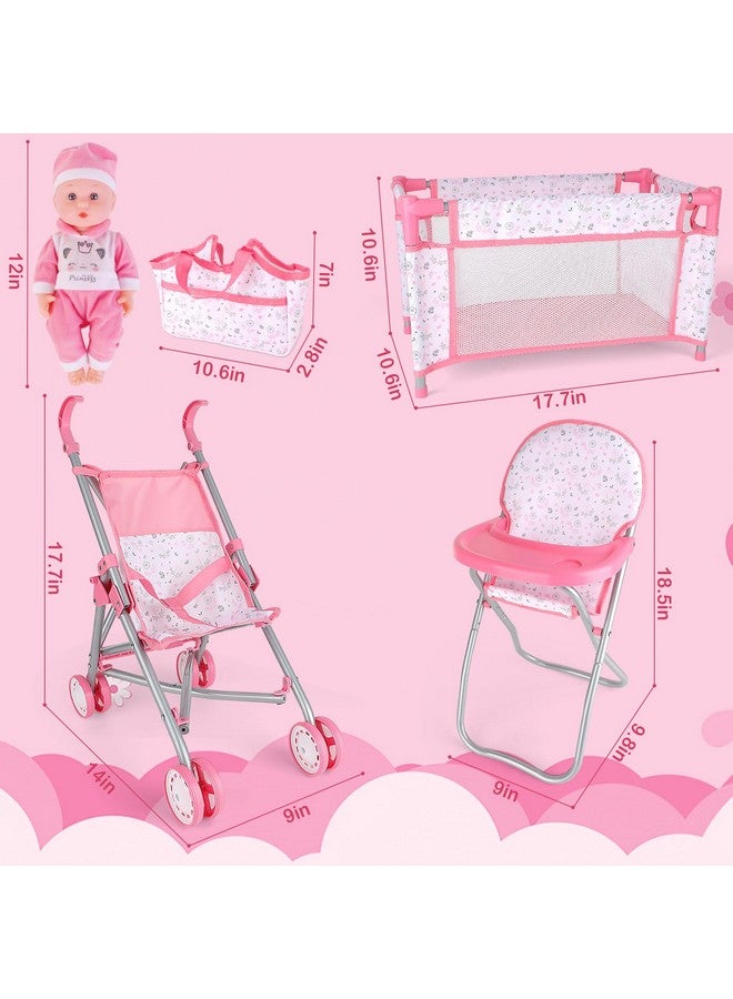 deAO Baby Doll Stroller Crib Bed Nursery Role Play Set Baby Doll Accessories and Play Mat,Travel Cot,Bouncer,Foldable Stroller and Travel Bag Birthday for Girls Boys Kids - Image 2