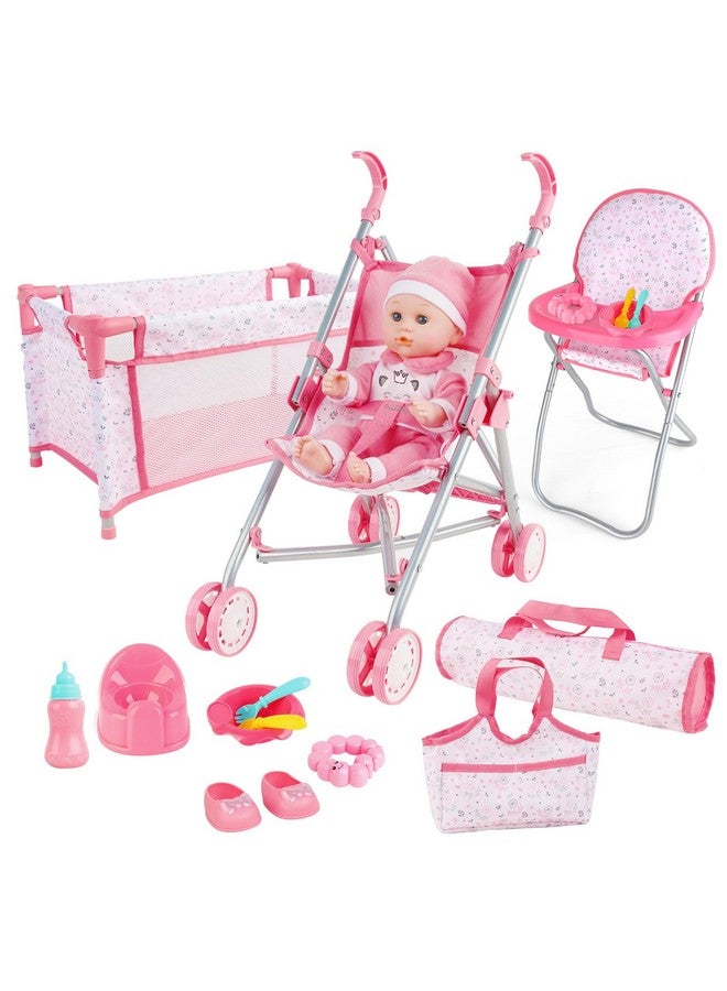 deAO Baby Doll Stroller Crib Bed Nursery Role Play Set Baby Doll Accessories and Play Mat,Travel Cot,Bouncer,Foldable Stroller and Travel Bag Birthday for Girls Boys Kids - Image 1