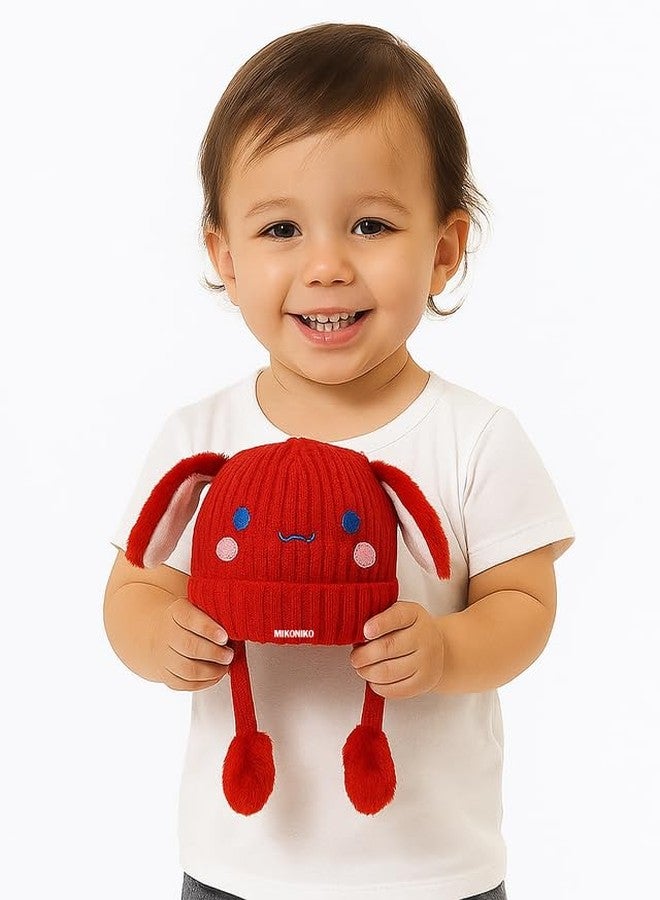 MIKONIKO Bunny Cap with Moving Ears for Kids (1-10 Yrs) | Plush Wool Winter Hat | Cute Girls Headwear & Funny Cap_Red - Image 3