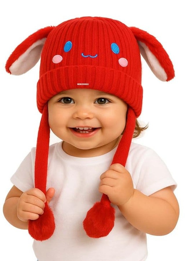 MIKONIKO Bunny Cap with Moving Ears for Kids (1-10 Yrs) | Plush Wool Winter Hat | Cute Girls Headwear & Funny Cap_Red - Image 1