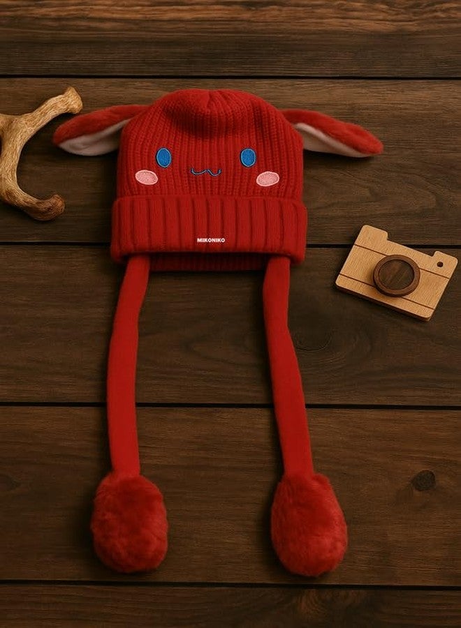 MIKONIKO Bunny Cap with Moving Ears for Kids (1-10 Yrs) | Plush Wool Winter Hat | Cute Girls Headwear & Funny Cap_Red - Image 5