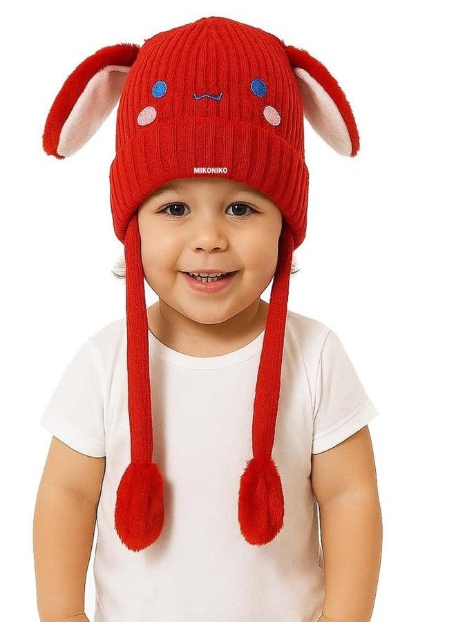 MIKONIKO Bunny Cap with Moving Ears for Kids (1-10 Yrs) | Plush Wool Winter Hat | Cute Girls Headwear & Funny Cap_Red - Image 2