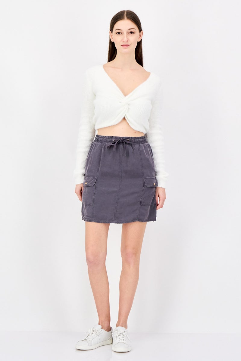 promod Women Solid Drawstring Mini Skirt, Grey - Image 2
