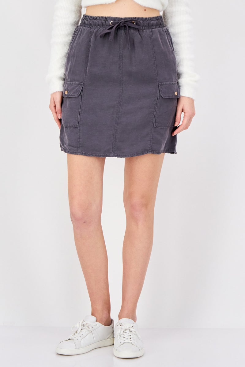 promod Women Solid Drawstring Mini Skirt, Grey - Image 1