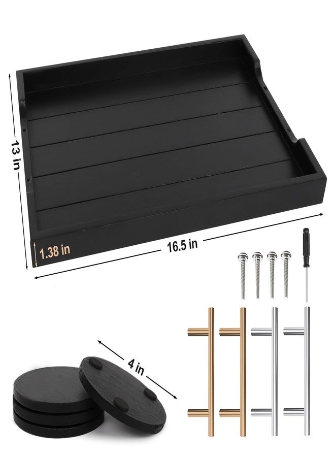 SXNOWS Coffee Table Trays - Large Ottoman Tray for Living Room -Wood Serving Tray with 2 Sets of Handles - Wooden Tray for Coffee Table, 4 Round Coasters Included, Black - Image 3