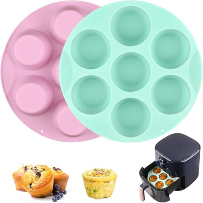 2 Pack Silicone Egg Bite Molds for Air Fryer, Nonstick Muffin Trays for Baking Mini Cupcakes, Quiche, Tarts, and Baby Food Reusable Bakeware for Oven and Air Fryer Use Pink and Green - Image 1