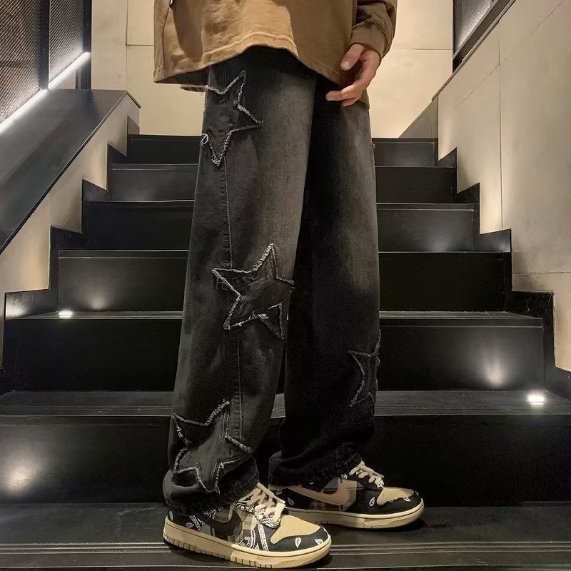 Generic Hong Kong-style Five-pointed Star Jeans Mens Trendy Brand Loose Straight Wide Leg Casual Korean Denim Pants Factory Outlet Blue - Image 3