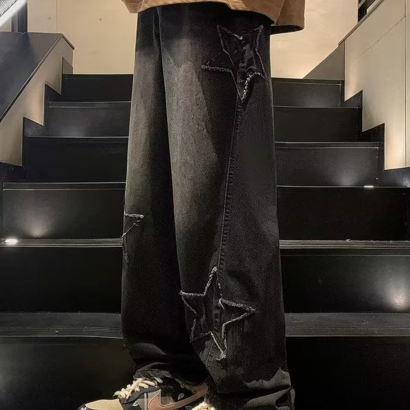 Generic Hong Kong-style Five-pointed Star Jeans Mens Trendy Brand Loose Straight Wide Leg Casual Korean Denim Pants Factory Outlet Blue - Image 5