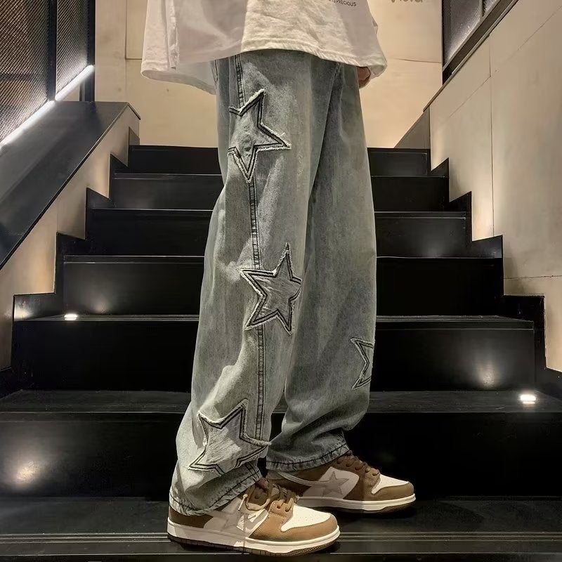 Generic Hong Kong-style Five-pointed Star Jeans Mens Trendy Brand Loose Straight Wide Leg Casual Korean Denim Pants Factory Outlet Blue - Image 1