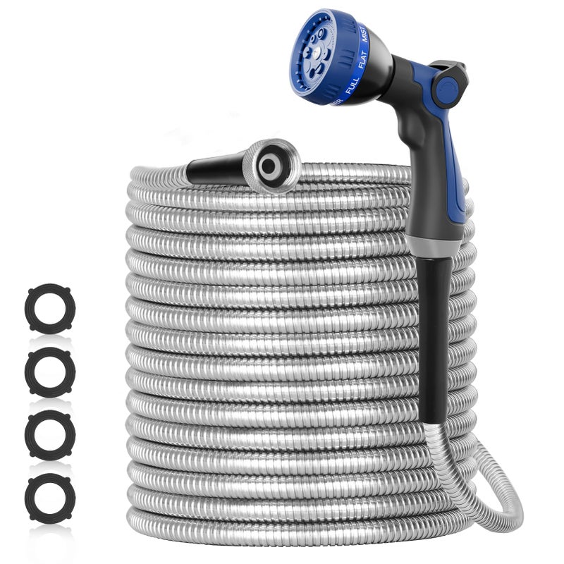 SPECILITE 100ft 304 Stainless Steel Garden Hose Metal, Heavy Duty Water Pipe with Nozzles for Yard, Outdoor - Flexible, Never Kink & Tangle, Puncture Resistant (Sliver) - Image 1
