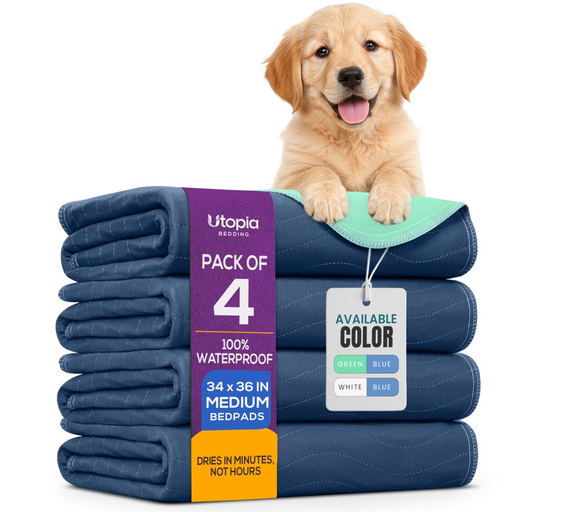 Utopia Bedding Washable Pee Pads for Dogs 34" x 36" (Pack of 4), Waterproof Incontinence Bed Pads for Adults, Elderly and Kids, Heavy Absorbency Pet Training Pads for Sofa and Couch (Navy, Green) - Image 1