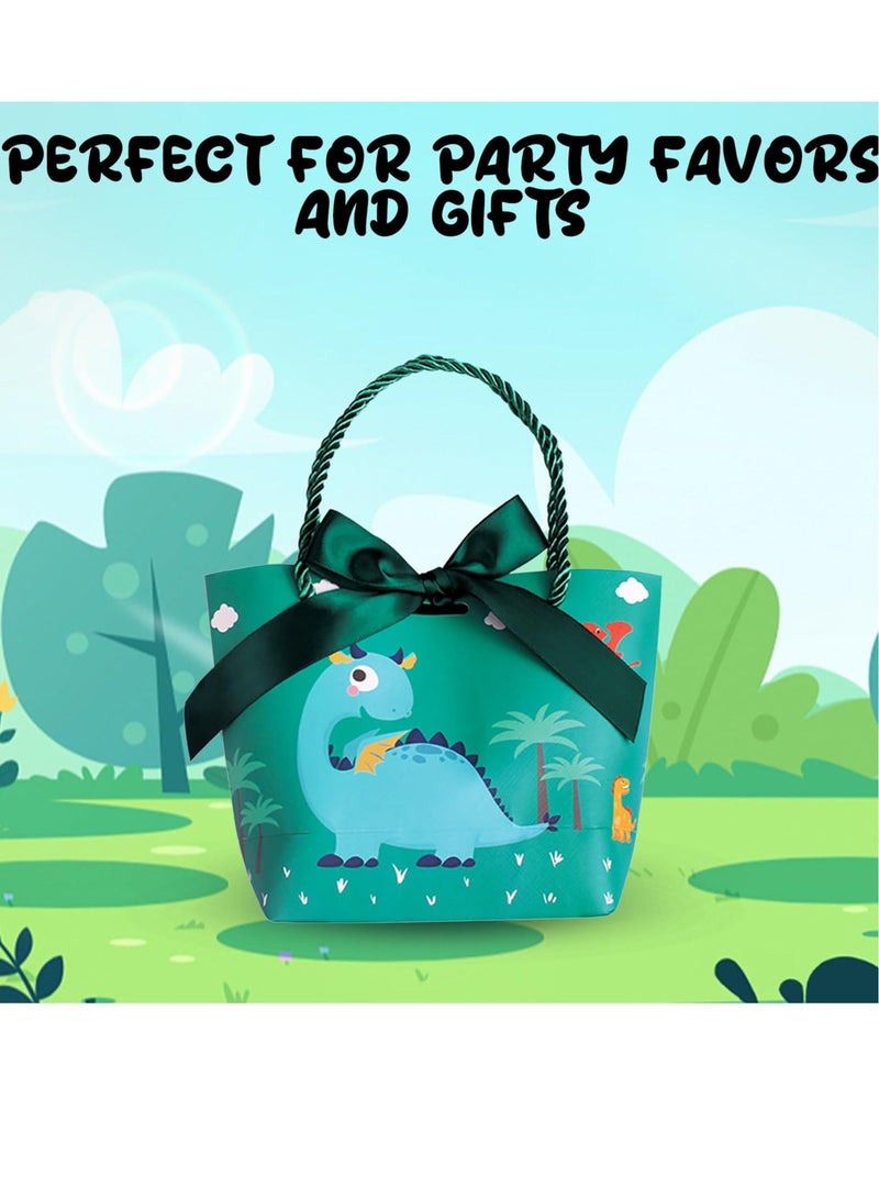 XiuWoo Dinosaur Gift Bags, with Handles and Bowknot, 6 Pcs Green Paper Bags Party Treat Favor for Goodie Birthday, Baby Shower, Graduations (19x20x9 cm) - Image 2