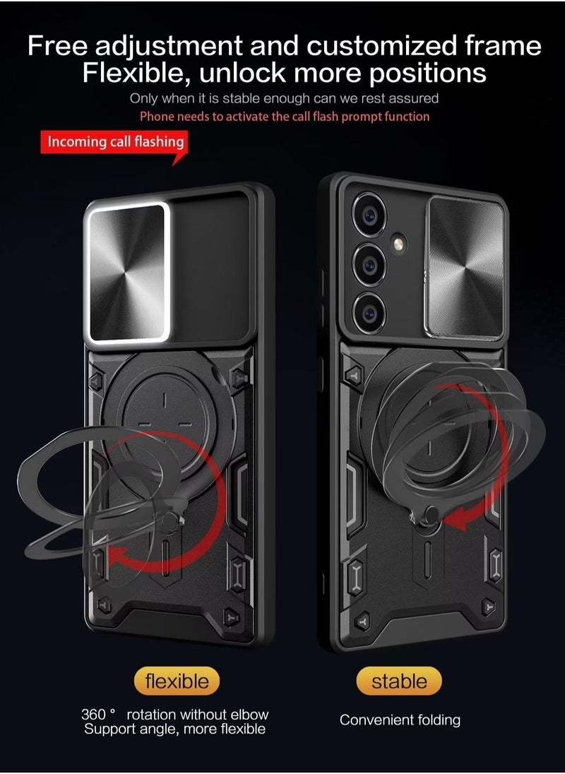 Case for Samsung Galaxy A55 , Slide Camera Lens Cover, 360°Rotating Kickstand Ring, Bumper Shockproof Phone Case，Compatible with Car Magnetic Mount