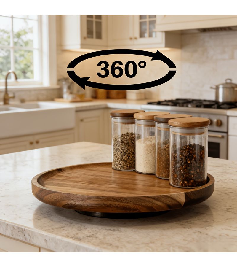 قرص دوار من الخشب الصلب 360 درجة لتوابل المطبخ، حامل زجاجات توابل دائري مقاس 7.87 بوصة، سطح عمل لزجاجات الزيت وهزازات الملح، دوار خفيف فاخر بأسلوب عصري متعدد الوظائف لتنظيم التخزين. - Image 4