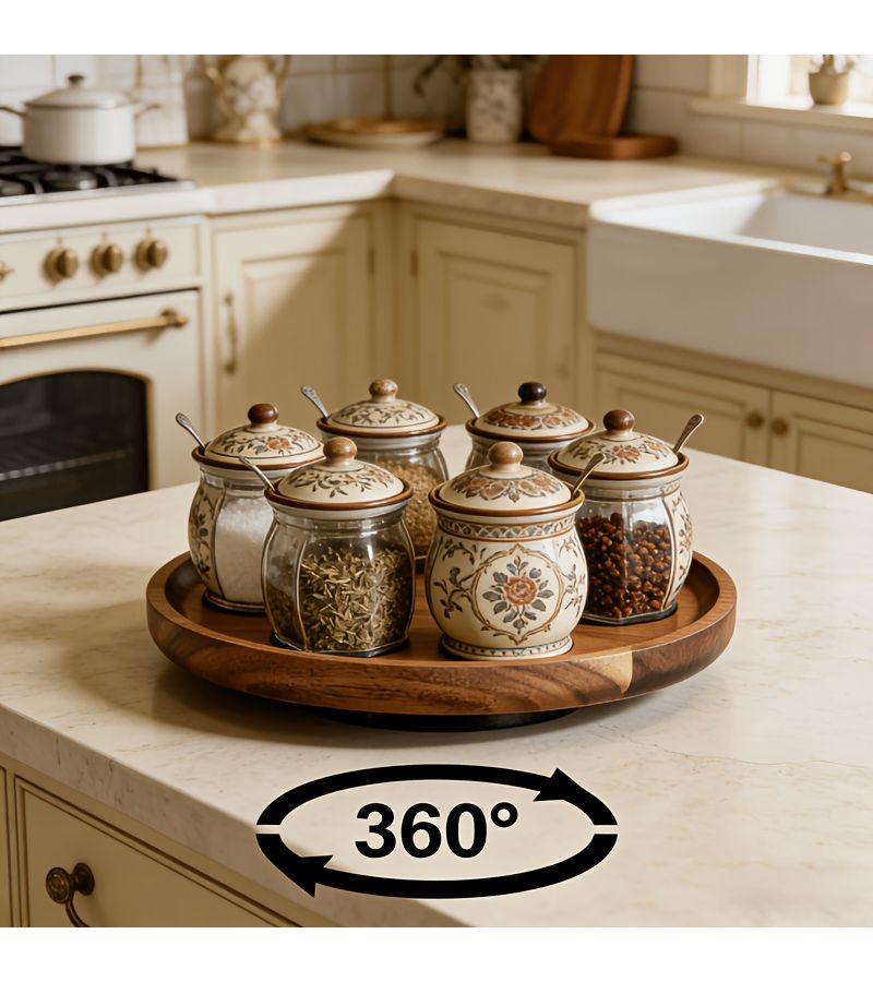 قرص دوار من الخشب الصلب 360 درجة لتوابل المطبخ، حامل زجاجات توابل دائري مقاس 7.87 بوصة، سطح عمل لزجاجات الزيت وهزازات الملح، دوار خفيف فاخر بأسلوب عصري متعدد الوظائف لتنظيم التخزين. - Image 5
